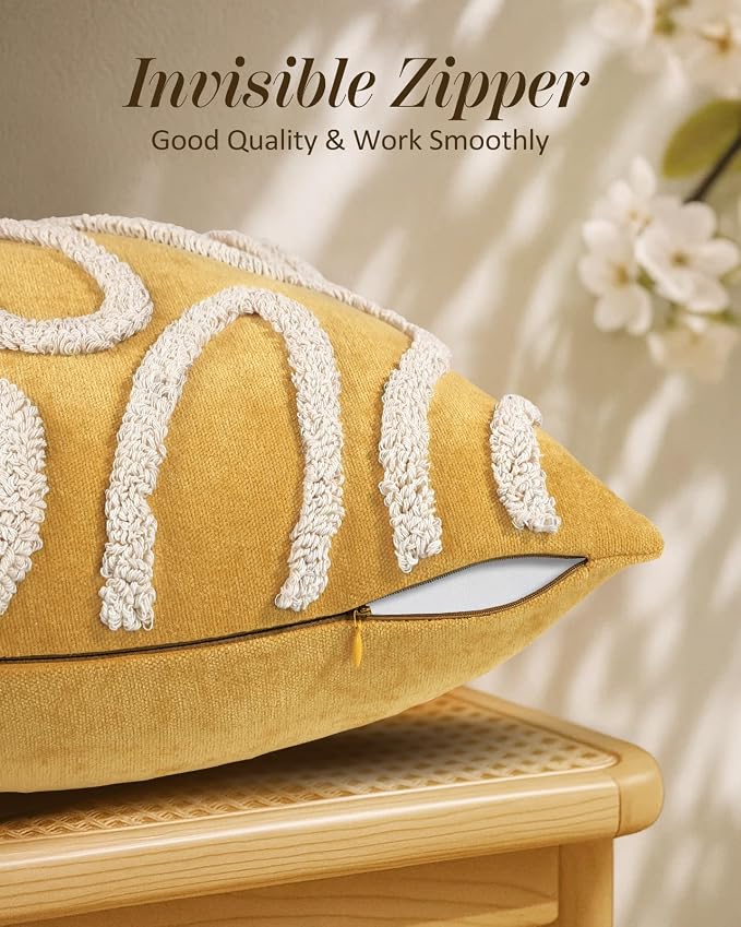 Throw Pillow Covers 18x18 - Tufted Boho Decorative Pillow Cover with Zipper for Couch Sofa Bed Living Room Aesthetic Soft Spring Summer Abstract Textured Indoor Pillowcase, Yellow Line