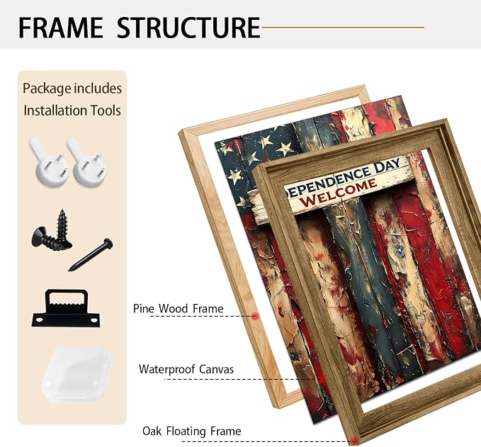 American Flag Framed Canvas Wall Art, 4th of July Patriotic Canvas Prints | USA Flag Wood Texture Poster Print, 4th of July Red White Blue Wall Decor for Bedroom Living Room 20×24in