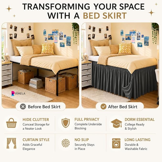 Dorm Room Bed Skirt Twin XL 36" Drop, College Split Corner Bedskirt, Grey | Solid ruffled, Wrap-around/elastic, Wrinkle & Fade resistant, with Adhesive Strips, Gift Packed, Machine Wash/Tumble Dry/Iron