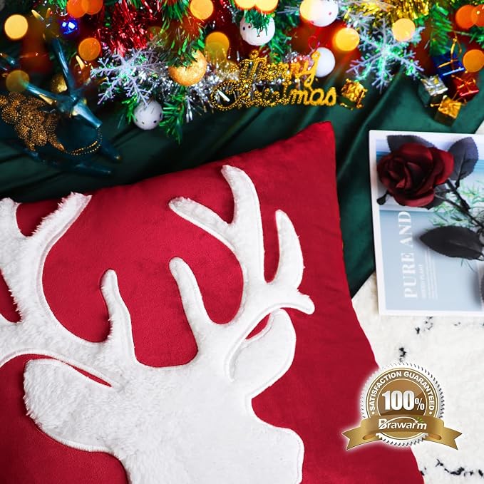 BRAWARM Christmas Pillow Cover 18 X 18 Inches, Christmas Red Reindeer Embroidered Pillow Cover, Soft Velvet Decorative Throw Pillow for Couch Bed Sofa Living Room Home