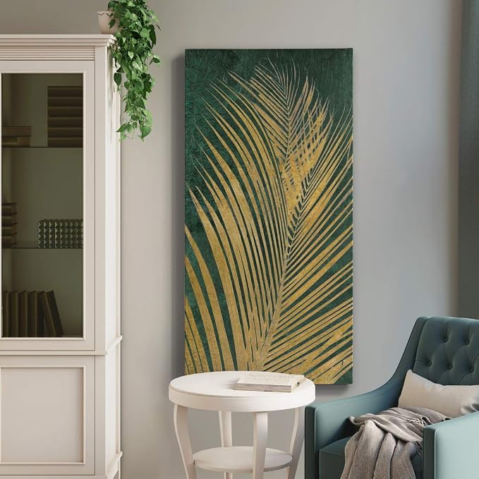 Renditions Gallery Canvas Nature Wall Art Modern Paintings Decorations Glittering Golden Palm Rustic Botanical Romantic Artwork Wall Hanging for Office Bedroom Kitchen - 12"x24" LT43