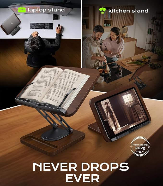 LOXP Ergonomic Book Stand for Reading, 360° Rotating Holder with Page Clip | Adjustable height angle, Storage Base, Hands-free, anti-slip, Fits tablets cookbooks magazines laptops, wood and metal