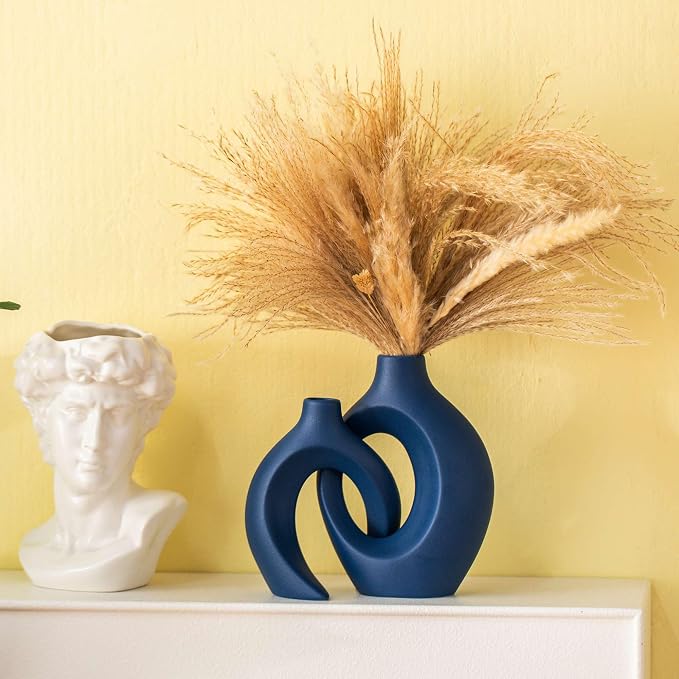 Lvases Snuggle Hollow Ceramic Flower Vaseof 2, Matte Navy Blue Home Decor | 8.4" Minimalist Nordic Boho Pampas Grass Decorative Vase Modern Aesthetic Ins Style Living Room Coffee Table Centerpieces