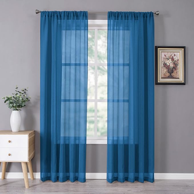Tollpiz Sheer Curtains Linen Textured Bedroom Curtain Sheers Light Filtering Rod Pocket Voile Curtains for Living Room, 54 x 84 inches Long, Classic Blue, Set of 2 Panels