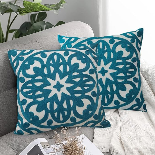Alysheer Embroidered Decorative Throw Pillow Covers 18"x18" Set of 2 Pieces, Boho Classic Mandala Knit Pattern, Durable 100% Cotton Canvas Cushion Cases for Sofa Couch Living Room Gifts (Teal Blue)