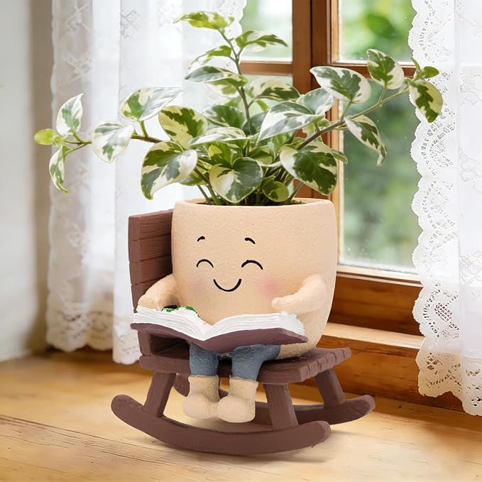 Smily Face Rocking Chair Reading Book Planter Pot for Indoor Plants