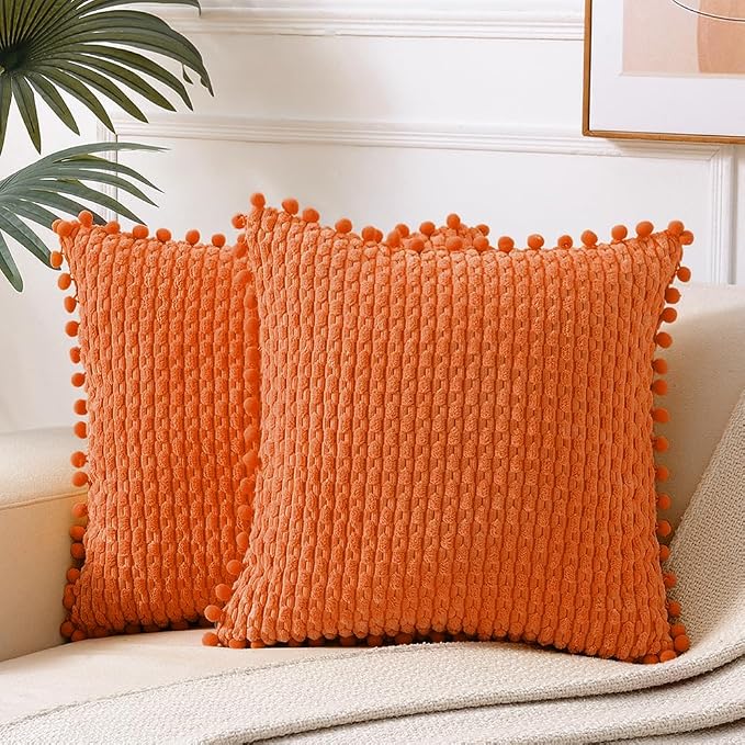 Fancy Homi Set of 2 Orange Fall Decorative Throw Pillow Covers 20x20 Inch with Pom-poms for Couch Bedroom Living Room, Halloween Autumn Home Decor, Soft Plush Corduroy Cute Cushion Case 50x50 cm