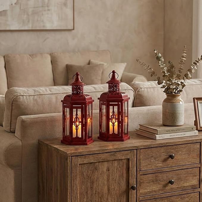 JHY DESIGN Set of 2 Decorative Candle Lanterns 10“H Vintage Hanging Lanterns Metal Candleholders for Indoor Outdoor Events Parities Gothic and Halloween (Red with Black Brush)