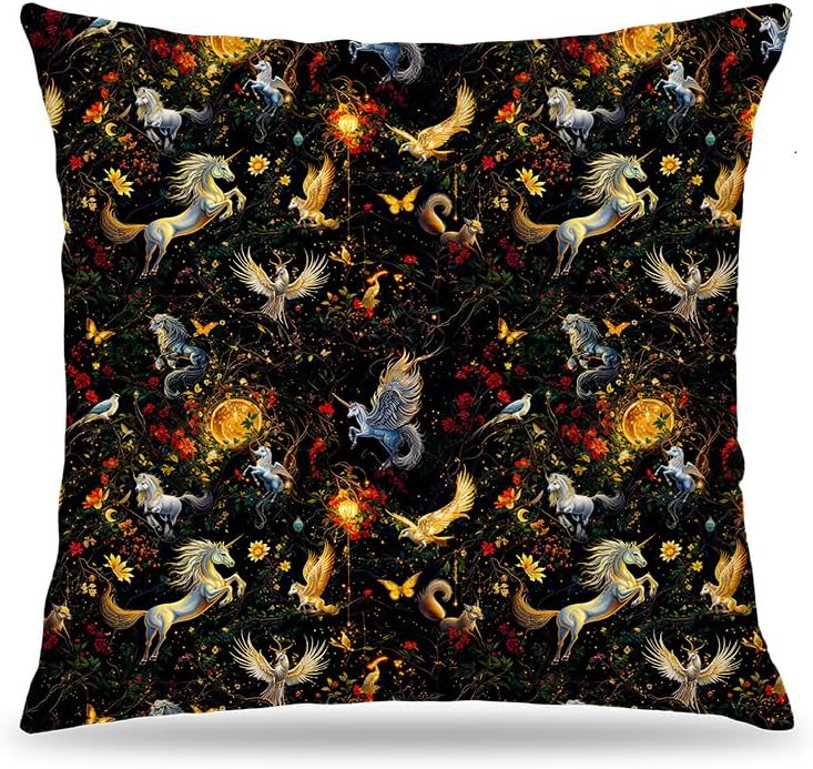 Enchanted Forest Mystical Animal Pillow Cover 18x18 Double-Sided, Whimsical Magical Forest Horse Bird Fox Dark Floral Decorative Throw Pillow Cover for Home Bedroom Living Room