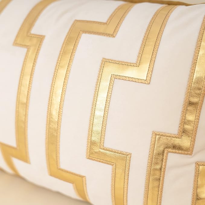 Alerfa Geometric Gold Leather Striped Throw Pillow Cover 12x20 Inch, Luxury Velvet Embroidered Decorative Lumbar Pillow Cover for Couch Living Room Bedroom, White