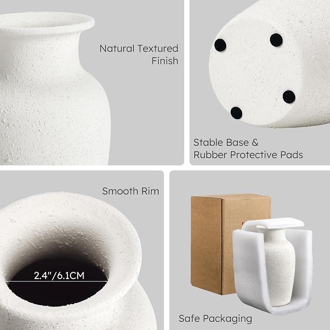 White Ceramic Vase for Home Decor, 8.4 Inch Terracotta Flower Vase | Waterproof Interior, Decorative Rustic Vase for Living Room, Dining Table, Fireplace, Shelf, Office, Housewarming Gift