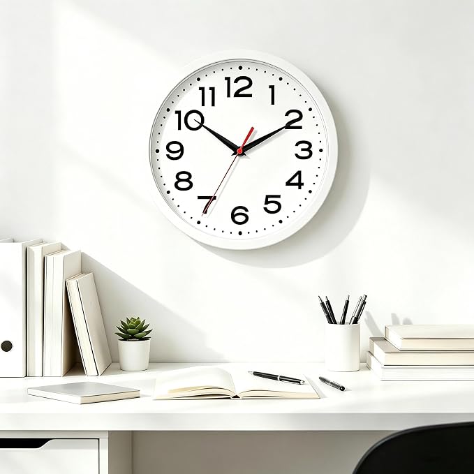 Roymnie 10 Inch Wall Clock, Battery Operated Silent Non Ticking White | analog wall clock; bold numerals for easy reading; silent non-ticking; 1 AA battery (not included); for classroom