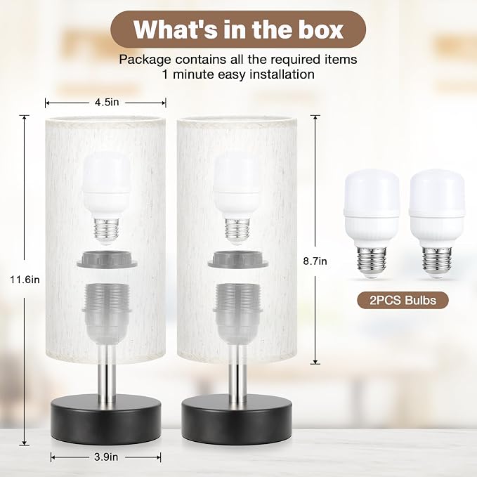 Small Table Lamps for Bedroom set of 2 - Touch Lamps with 3 Way Dimmable