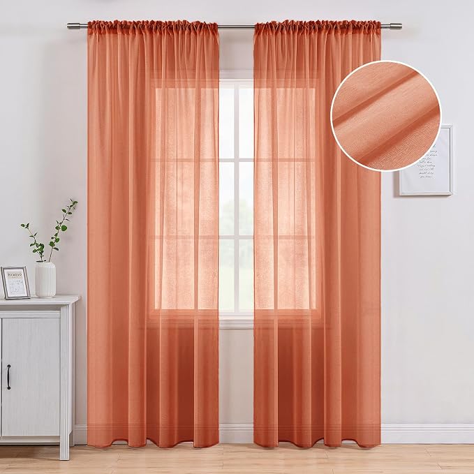 MIULEE Fall Burnt Orange Linen Textured Semi-Sheer Curtains 54W×90L | Semi Transparent, Farmhouse, Window Net Panels with Rod Pocket for Bedroom Living Room