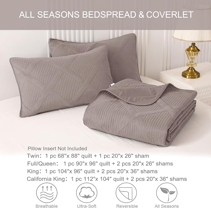 Exclusivo Mezcla Quilts Queen Size, Taupe | Soft Bedspreads with 2 Pillow Shams, Modern Striped Pattern, Lightweight Bedding Set Coverlets for All Seasons, 90x96 Inch