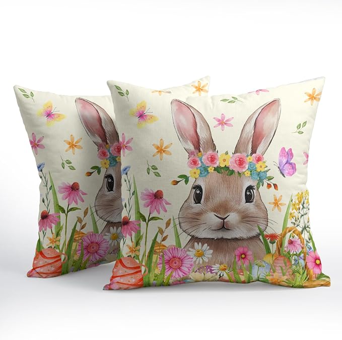 Easter Rabbit Throw Pillow Covers 20x20 Inch Set of 2 Cute Bunny Cotton Linen Square Cushion Case Spring Colorful Floral Easter Theme Decorative Pillowcase for Home Bench Couch Sofa