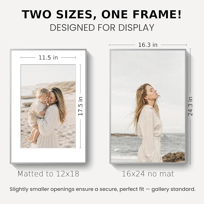 16x24 Poster Frame Silver, Aluminum Metal 16 x 24 Frame with Removable Mat, 16 by 24 Silver Picture Frame Matted to 12x18 Photo, Real Tempered Glass for Home and Office Gallery Wall, 1 Pack
