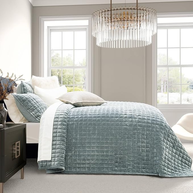 RECYCO Channel Box Stitch Velvet Quilt Set, Full Queen Size, Blue Linen | Ultra Soft Lightweight Velvet Comforter, Luxury Oversized Bedspread Coverlet, Quilted Bedding Set for All Season with 2 Shams