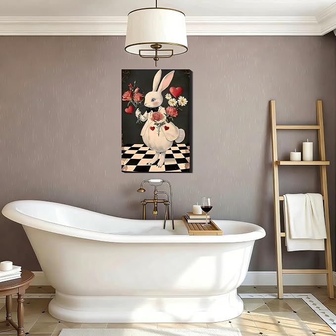 RIBNTAK Miss Rabbit with Rose Large Easter Wall Art 20x30, Sweet Spring Bunny Painting Canvas Prints for Mantle Decor, Bunny Pictures for Living Room, Kitchen, Holiday Home Decoration