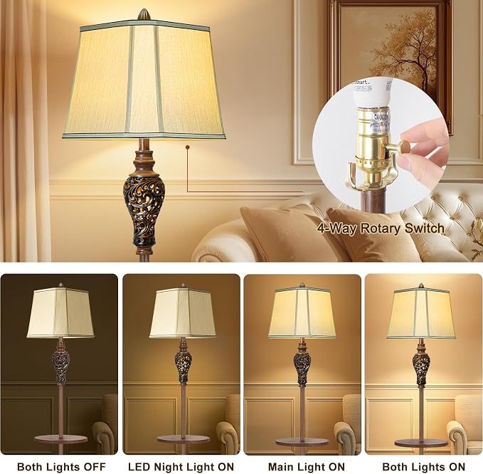 65" High Vintage Floor Lamp with Night Light and Metal Tray, Carving Design