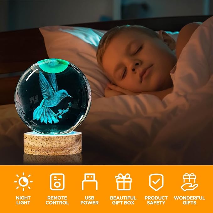 3D Hummingbird Crystal Ball Night Light 3.15 inch Hummingbird Figurines Glass Ball Lamp with 16 Color Changing and Remote Hummingbird Decor Gifts Ideal for Women Friends Christmas Birthday