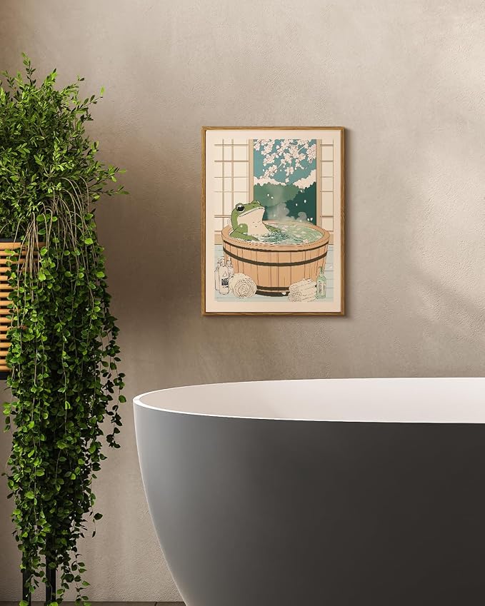Serene Frog in Wooden Tub with Cherry Blossom Window View Painting, Kawaii 12x16 Inch Framed Canvas Print, Cute Relaxing Bathroom Home Decor, Bath Time with Japanese Spa Artwork