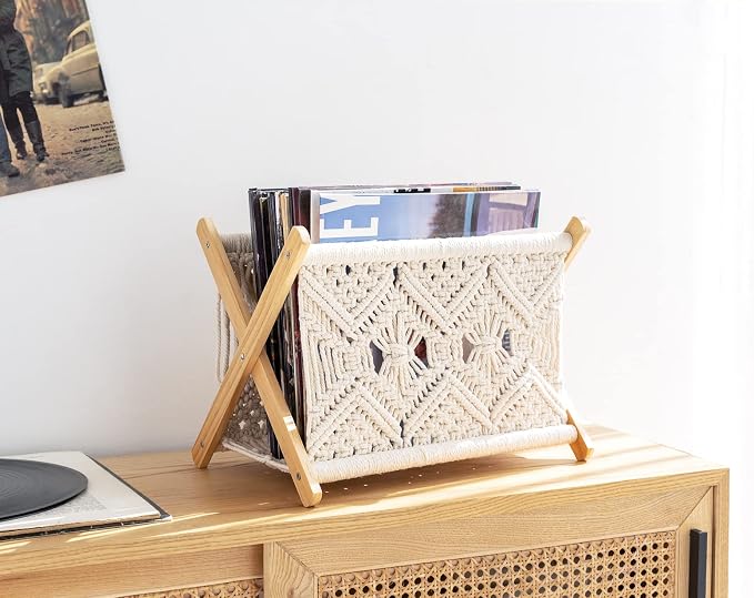 Mkono Macrame Magazine Holder, Boho Woven Book Rack Basket, 14" L x 10" W | Boho Decor, Mail Paper Vinyl Storage, Living Room Bedroom Bathroom Nursery Dorm Office, Handwoven, Space-Saving, Ivory