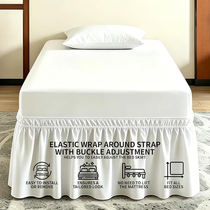 ANARACHON Dorm Bed Skirt Twin XL 30 Inch Drop, 100% Microfiber Extra Long College Dust Ruffle Bedskirt for Adjustable Beds, Elastic Wrap Around Design, White