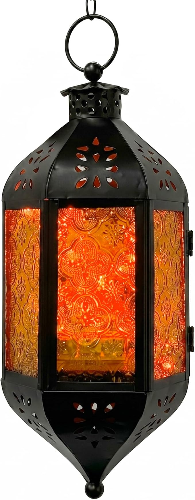 Vela Lanterns Hanging Moroccan Lantern with LED Twinkle Fairy Lights - Exotic Decorative Patio & Porch Decor, Indoor Outdoor Candle Lamp Holder with Chain (13" Large, Amber Glass)