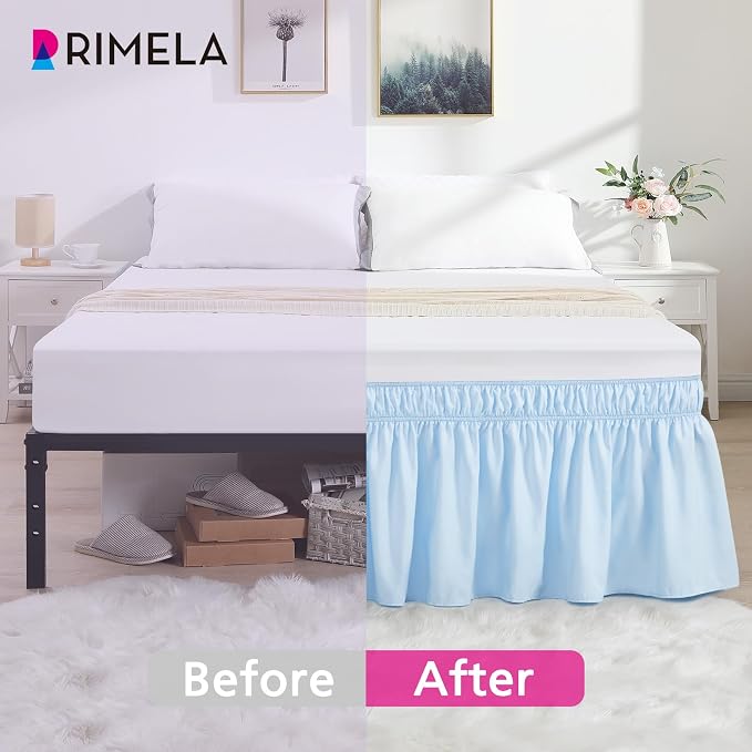 Light Blue Bed Skirt King Size 18" Drop, Elastic Wrap Around Bedskirt | Solid Ruffled, Easy to Use, No Mattress Lifting, Wrinkle & Fade Resistant, with Adhesive Strips, Machine Wash/Dry/Iron