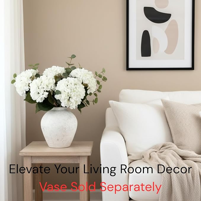 Real Touch White Faux Hydrangea And Eucalyptus Arrangement, Faux Floral Arrangements, Hyper Realistic Artificial Flowers, White Centerpieces For Kitchen Dining Coffee Table Decor (Vase Not Included)