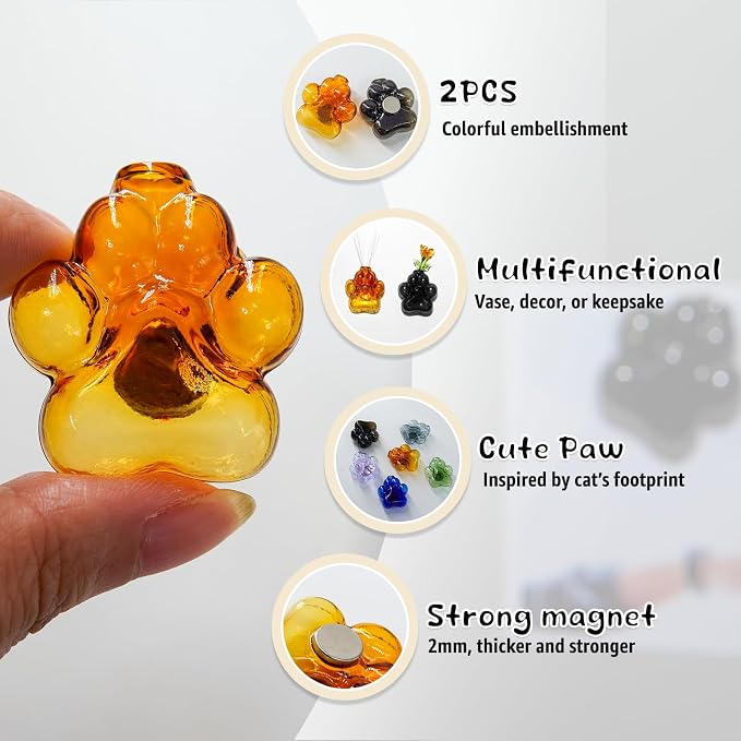 Nuvretk 2PCS Cat Whisker Holder, Cat Paw Glass Fridge Magnet Vase | Cat Paw Glass Design; Cat Whisker Keepsake Holder; Mini Magnetic Fridge Vase; Flower Display & Pet Memory Décor