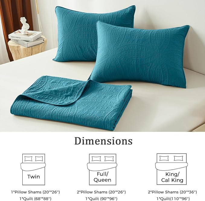 akkialla Teal Full/Queen Quilt Set, Ultrasonic Lightweight Bedspread Coverlet for Modern Minimalist Bedroom, Soft Microfiber Coin Pattern Bedding, 3-Piece (1 Quilt, 2 Pillow Shams) | Breathable fabric