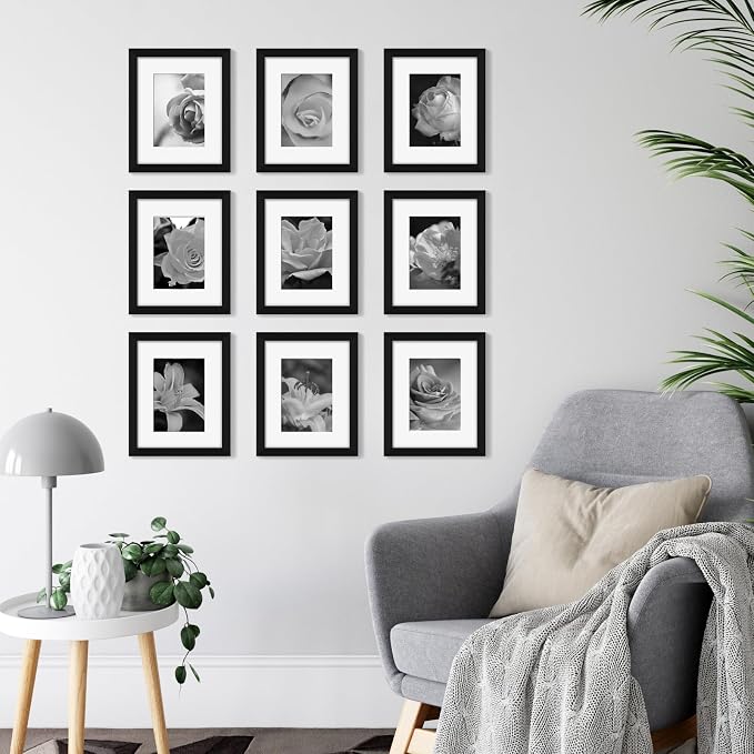 YESKAY 8x10 Picture Frame Set of 9, Display Pictures 5x7 with Mat or 8 x 10 Without Mat, Multi Photo Frames for Wall Mounting or Table Top Display, Black