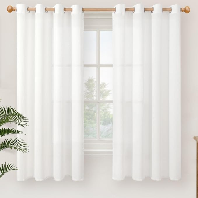YoungsTex Linen Semi Sheer Curtains 63 Inches Length for Living Room - White Light Filtering Drapes with Grommet Textured Lightweight Window Treatments for Bedroom, 2 Panels, 52 X 63 Inch