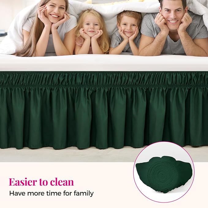 Dark Green Bed Skirt King Size 15" Drop, Elastic Wrap Around Bedskirt | Solid Ruffled, Easy to Use, No Mattress Lifting, Wrinkle & Fade Resistant, with Adhesive Strips, Machine Wash/Dry/Iron