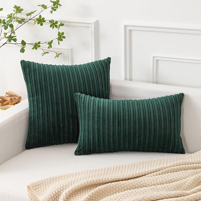 Kevin Textile Striped Corduroy 24”x24” Pillow Covers 2 Pack, Dark Green