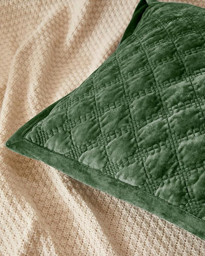 Pillow Cover 24x24 1 Piece Velvet Large Euro Sham with Hidden Zipper Wrinkle Resistant Soft Cross Process Decorative Farmhouse Quilted Cushion Covers for Couch Bed,Green