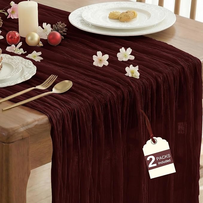 IVAPUPU Burgundy Red Table Runner 120 Inches for Birthday Party Home Decor | 2 Pcs Boho Gauze 10FT Cheesecloth Table Runners for Wedding Baby Shower Decorations Summer Garden Farmhouse