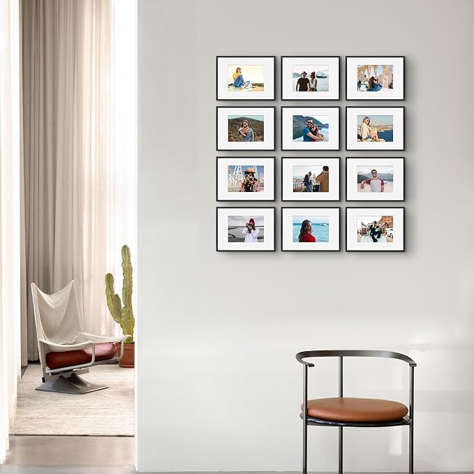Frametory 12 Pack 9x12 Aluminum Frame with Mat for 6x8 Photo, Black
