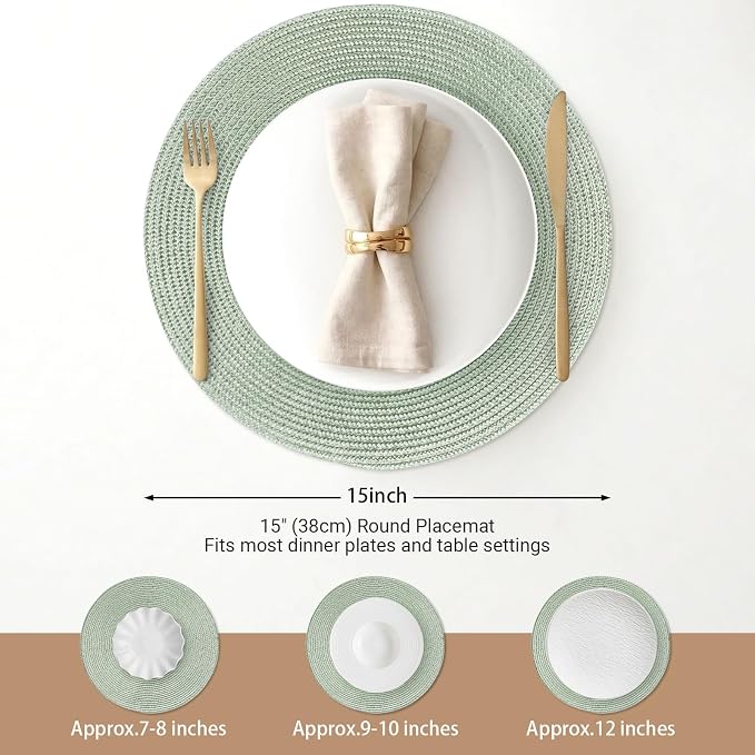FunWheat Round Braided Placemats Set of 8 Place Mats for Dining Table Woven Washable Non-Slip Table Mats 15 Inch(Fog Green,8pcs)