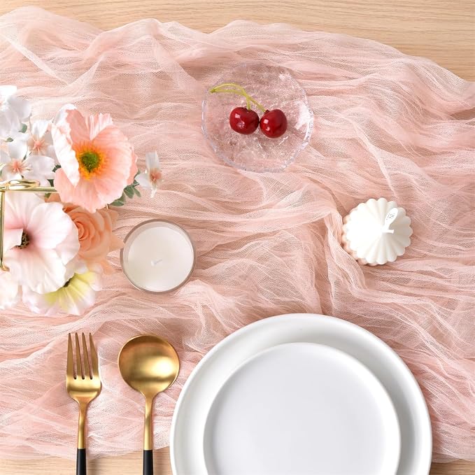 Peach Cheesecloth Table Runner Cheese Cloth Wedding Birthday Party Decor | 10Ft Summer Rustic Boho Gauze Farmhouse Bridal Baby Shower Holiday Dining Tea Party Home Table Decorations 4 Pack