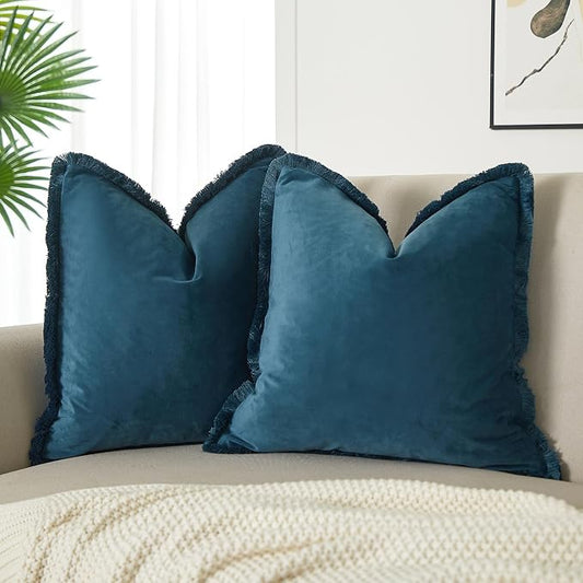 JUSPURBET Prussian Decorative Velvet Fringe Throw Pillow Covers 18x18 Set of 2 Boho Soft Cushion Case for Home Decor Living Room Couch Sofa Bed