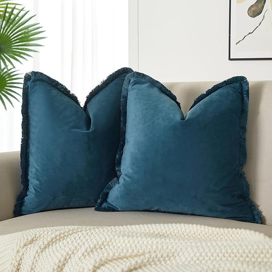 JUSPURBET Prussian Decorative Velvet Fringe Throw Pillow Covers 20x20 Set of 2 Boho Soft Cushion Case for Home Decor Living Room Couch Sofa Bed