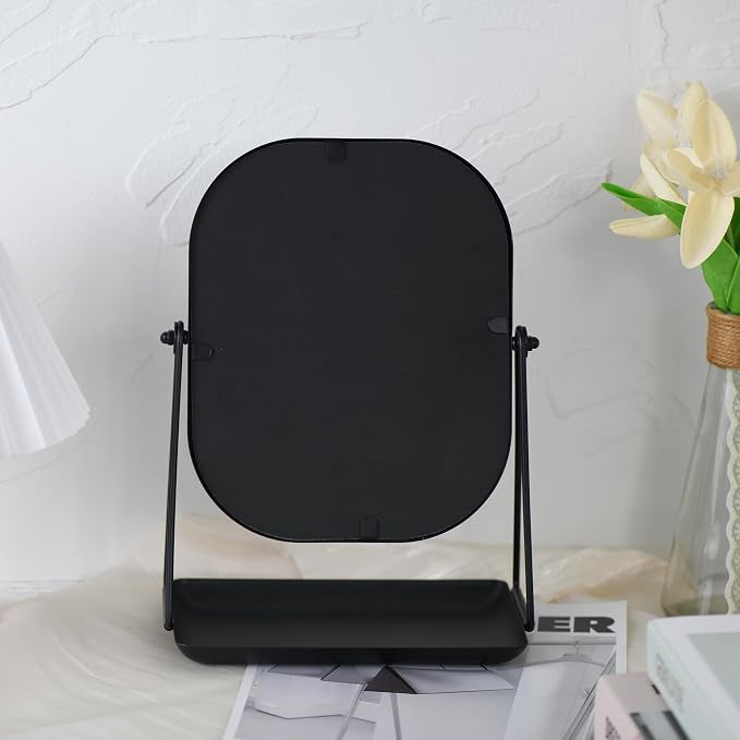 Tstarer 360 Degrees Rotating Metal Makeup Mirror with Storage (Black) | Vanity Mirror for Desk, Bathroom, Bedroom, Dressing Table