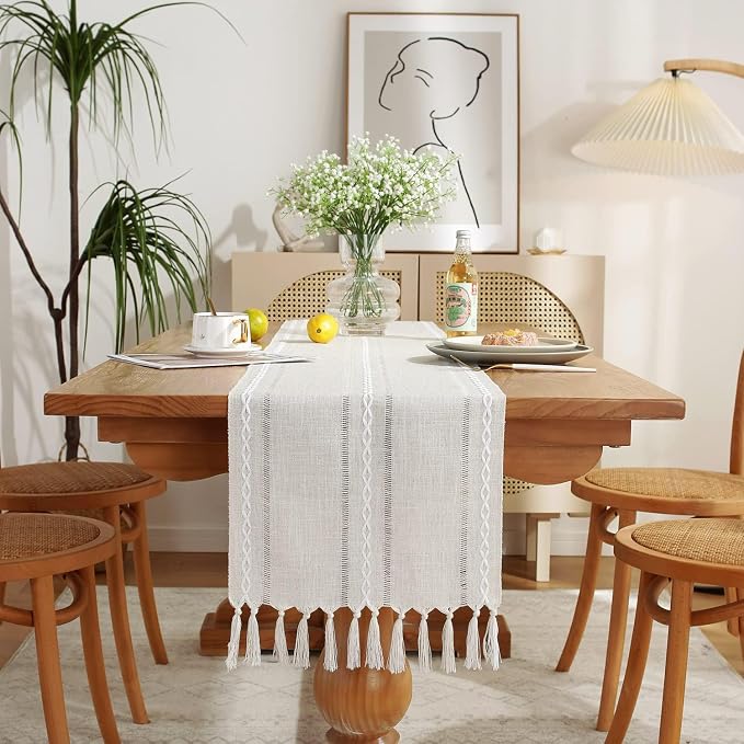 Wracra Rustic Linen Table Runner, Ivory Table Runners 108 inches Long | Raised Embroidered Hollow Design and Hand-Tassels;Cotton Linen Woven Fabric; Farmhouse Table Runner;Home Dining Decor