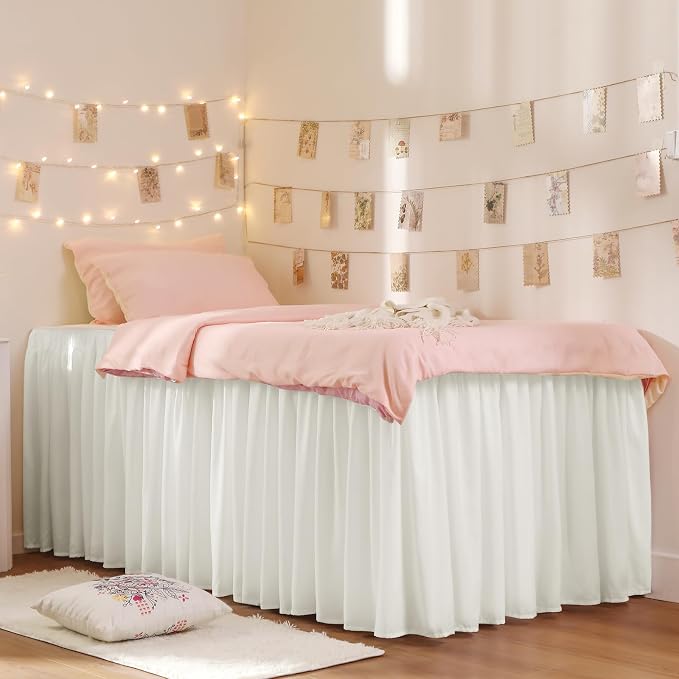 Dorm Bed Skirt Twin XL 36" Drop, College Dorm Essentials, Warm White | Solid ruffled, Wrap-around/elastic, Wrinkle & Fade resistant, with Adhesive Strips, Gift Packed, Machine Wash/Tumble Dry/Iron