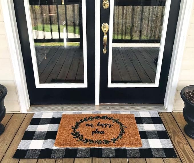 Ukeler Plaid Rugs Black and White Rug Cotton Hand-Woven Buffalo Check Rug for Front Porch Washable Kitchen Rugs and Mat, 51.2''×23.6''