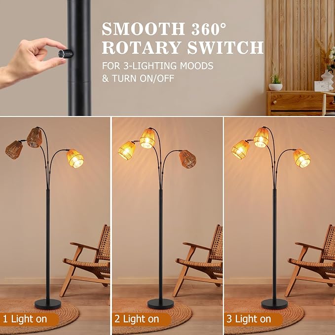 9MMML Vintage Black Arc Floor Lamp with Rotatable Arms & Rattan Lampshade, 3-Light Mode Rotary Switch Adjustable, 72.5'' Tall Standing Lamp for Living Room, Bedroom, E26 Base