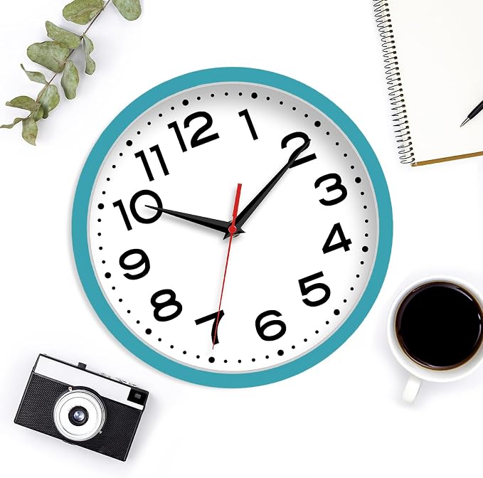 Roymnie 8 Inch Small Wall Clock, Battery Operated Silent Non Ticking Blue | analog wall clock; bold numerals for easy reading; silent non-ticking; 1 AA battery (not included); for classroom